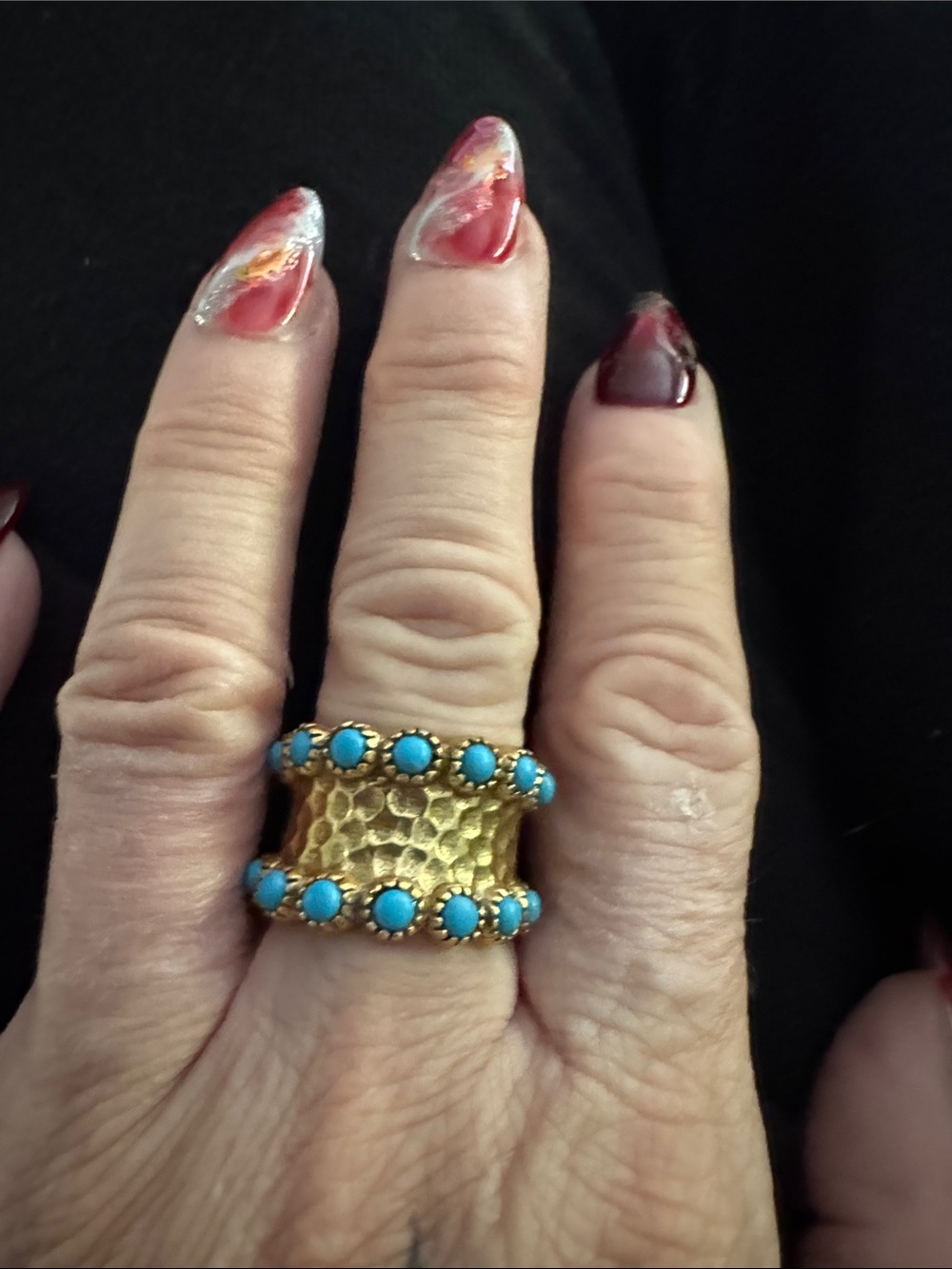 Gold vermeil over 925 silver Hammered Wide Band Ring with Turquoise Beads